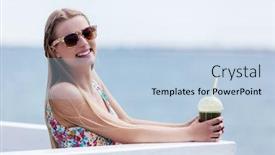  Presentation with smoothie - Cool new slide set with beautiful young woman with sunglasses drinking green vegetable smoothie backdrop and a light blue colored foreground