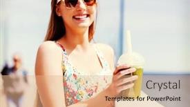  Presentation with smoothie - Beautiful PPT theme featuring beautiful young woman with sunglasses drinking green vegetable smoothie backdrop and a coral colored foreground