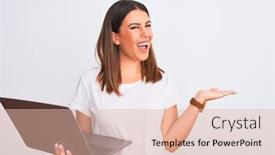  Presentation with woman hands open - Colorful presentation enhanced with beautiful young woman working using computer laptop over white background pointing aside with hands open palms showing copy space presenting advertisement smiling excited happy backdrop and a lemonade colored foreground