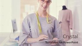  Presentation with digital - Presentation design with beautiful-young-woman-working background and a light gray colored foreground