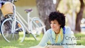  Presentation with diary - Theme consisting of beautiful young woman writing in her diary outdoors background and a mint green colored foreground