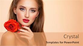  Presentation with beautiful young girl red - PPT theme featuring beautiful-young-woman background and a coral colored foreground
