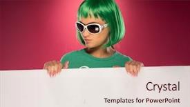  Presentation with magenta - Amazing theme having beautiful young woman with a colorful green hairstyle wearing trendy sunglasses holding a blank white sign in her hands over a magenta studio background with copyspace backdrop and a lemonade colored foreground