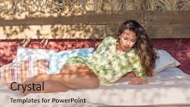  Presentation with lounge - Presentation design having beautiful young woman at the summer lounge background and a coral colored foreground