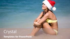  Presentation with hat - PPT theme having beautiful young woman in a bikini and hat of santa claus sitting in the water at the seaside resort background and a coral colored foreground