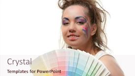  Presentation with interior designer - Colorful presentation design enhanced with beautiful young woman with a color guide on a white background designer of interior backdrop and a lemonade colored foreground