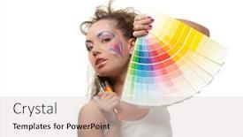  Presentation with interior designer - Audience pleasing theme consisting of beautiful young woman with a color guide and paintbrushes on a white background designer of interior backdrop and a light gray colored foreground
