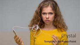  Presentation with headphones - Amazing PPT layouts having beautiful young woman with a smartphone and headphones with a tangled wire backdrop and a gold colored foreground