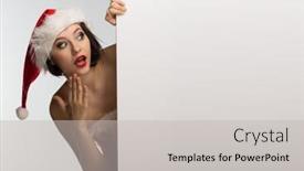  Presentation with poster - Beautiful PPT theme featuring beautiful young woman in a red skirt and santa claus hat holds a white poster with a copyspace place for the text for your advertisement backdrop and a light gray colored foreground