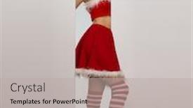  Presentation with poster - Colorful presentation theme enhanced with beautiful young woman in a red skirt and santa claus hat holds a white poster with a copyspace place for the text for your advertisement backdrop and a light gray colored foreground