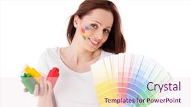  Presentation with interior designer - Cool new theme with beautiful young woman with a color guide on a white background designer of interior backdrop and a sky blue colored foreground