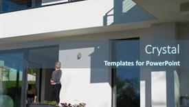  Presentation with villa - Slide set having beautiful young women using tablet computer in front of her luxury home villa background and a ocean colored foreground