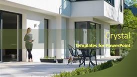  Presentation with villa - Audience pleasing slides consisting of beautiful young women using tablet computer in front of her luxury home villa backdrop and a tawny brown colored foreground