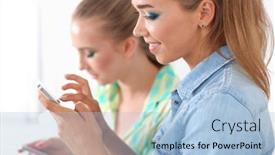  Presentation with women - Cool new slide deck with beautiful-young-women-using backdrop and a light blue colored foreground