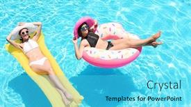  Presentation with mattress - Cool new theme with beautiful young women with inflatable donut and mattress in blue swimming pool backdrop and a cyan colored foreground
