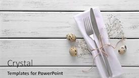  Presentation with cutlery easter table setting - Colorful slide deck enhanced with beautifully decorated cutlery and eggs for easter table setting on wooden background backdrop and a light gray colored foreground