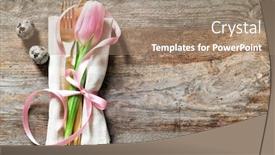  Presentation with cutlery easter table setting - Theme consisting of beautifully decorated cutlery and tulip flower for easter table setting on wooden background background and a coral colored foreground