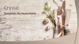 Presentation with cutlery easter table setting - Audience pleasing slides consisting of beautifully decorated cutlery for easter table setting on wooden background backdrop and a lemonade colored foreground