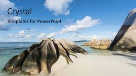  Presentation with granite - Presentation design with beautifully shaped granite boulders and a perfect white sand at anse source d'argent beach la digue island seychelles background and a teal colored foreground