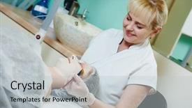  Presentation with beauty cosmetic - Beautiful theme featuring beautify - beautician worker with paintbrush applying backdrop and a light gray colored foreground