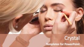  Presentation with eye - Audience pleasing PPT theme consisting of beautify - beauty stylist applying eye make-up backdrop and a coral colored foreground