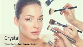  Presentation with brush - Beautiful presentation featuring beautify - young woman with make up backdrop and a coral colored foreground