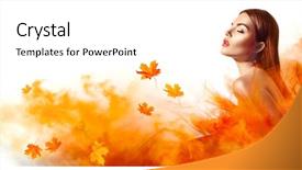  Presentation with autumn leaves falling - Theme with beauty - beautiful high fashion woman background and a white colored foreground