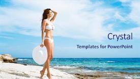  Presentation with sporty - Amazing PPT theme having beauty - beautiful woman in white bikini backdrop and a sky blue colored foreground