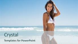  Presentation with vacation - Presentation design enhanced with beauty - portrait of young woman background and a sky blue colored foreground