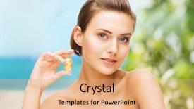  Presentation with dust - Amazing presentation theme having beauty and cosmetology concept - beautiful woman showing bottle with golden dust backdrop and a coral colored foreground