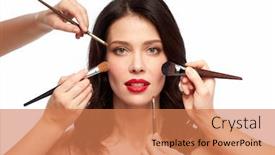  Presentation with lipstick - PPT theme with beauty and people concept - beautiful young woman with red lipstick and hands of make up artists with brushes over white background background and a coral colored foreground