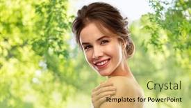  Presentation with green beauty - Slide deck consisting of beauty and people concept - smiling young woman with bare shoulders over green natural background background and a yellow colored foreground