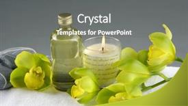  Presentation with green beauty - Colorful PPT layouts enhanced with beauty and wellness concept-green orchid and candle and bottles with essential oil backdrop and a gray colored foreground