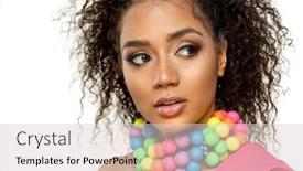  Presentation with ethnic - Colorful presentation theme enhanced with beauty black skin woman fashion african ethnic female face portrait young girl model with afro and extraordinary brightly rainbow beads around the neck backdrop and a lemonade colored foreground