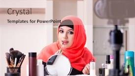  Presentation with blogger - PPT layouts enhanced with beauty-blogger-in-hijab-recording background and a soft green colored foreground