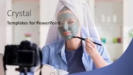  Presentation with blogger - Beautiful slide deck featuring beauty-blogger-recording-video backdrop and a light gray colored foreground