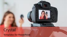  Presentation with beauty makeup - Audience pleasing PPT theme consisting of beauty blogger with eyebrow pencil backdrop and a red colored foreground