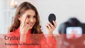  Presentation with people mobile technology - PPT theme consisting of beauty blogger with eyebrow pencil background and a coral colored foreground