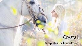  Presentation with white horse - Beautiful PPT theme featuring beauty blondie with horse backdrop and a soft green colored foreground