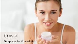  Presentation with cosmetics cream - Presentation theme with beauty cosmetics skin care and people concept - close up of happy woman holding cream jar background and a coral colored foreground