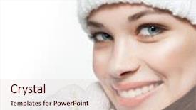  Presentation with clothing - Presentation enhanced with beauty face portrait of attractive young caucasian woman in warm clothing studio shot isolated on white toothy smiling winter background and a lemonade colored foreground