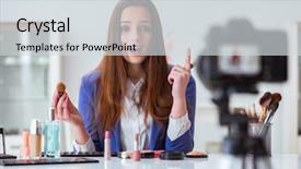  Presentation with blogger - PPT theme enhanced with beauty fashion blogger recording video background and a light gray colored foreground
