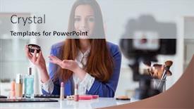  Presentation with blogger - Beautiful slide deck featuring beauty-fashion-blogger-recording-video backdrop and a sky blue colored foreground