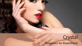  Presentation with golden woman - PPT theme having beauty fashion woman with red nails lips and golden eye makeup - on black background background and a coral colored foreground