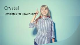  Presentation with beauty product - Amazing PPT theme having beauty funny blonde teenage girl has an idea pointing finger showing empty copy space for text blue background happy girl presenting point school girl proposing product advertisement gesture backdrop and a soft green colored foreground