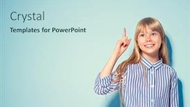  Presentation with beauty product - Amazing presentation having beauty funny blonde teenage girl has an idea pointing finger showing empty copy space for text blue background happy girl presenting point school girl proposing product advertisement gesture backdrop and a sky blue colored foreground