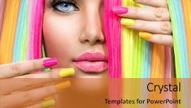  Presentation with makeup brushes and make up - Presentation theme having beauty girl portrait with colorful background and a gold colored foreground