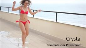  Presentation with veranda - PPT theme consisting of beauty girl runs on veranda near sea under rain background and a soft green colored foreground