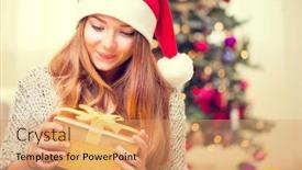  Presentation with christmas girl - Theme having beauty girl with christmas gift box at home christmas gift happy surprised girl opening gift box pretty young woman in santa hat portrait christmas tree background and a coral colored foreground