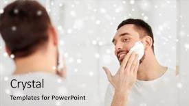  Presentation with shaving - Amazing PPT layouts having beauty grooming winter christmas and people concept - smiling young man looking to mirror and applying shaving foam to face at home bathroom over snow backdrop and a lemonade colored foreground